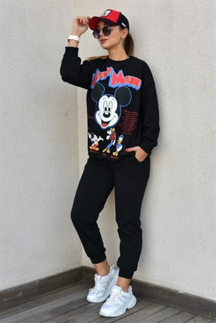 Mickey Mouse Baskı Siyah Sweat