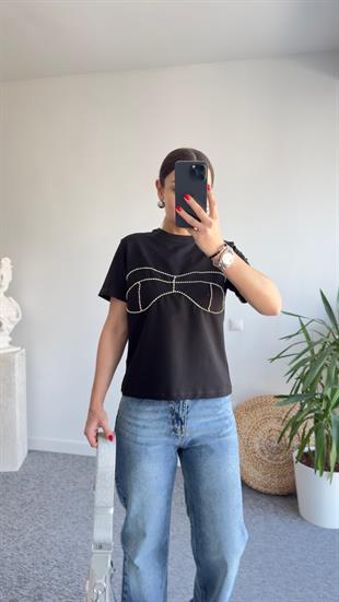 Ön Göğüs Taşlı Siyah Tshirt 