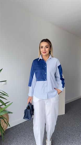 Mavi Paraşüt Detaylı Çizgili Gömlek