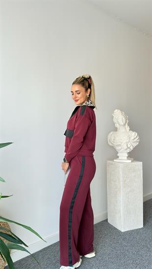 Bordo Premium Leopar Detaylı Modal Takım