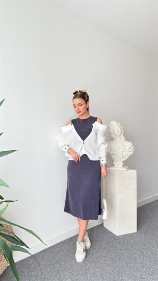 Antrasit Premium Gömlek Detaylı Modal Elbise 