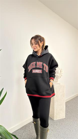 Eddy Yazılı Kapitone Kapüşonlu Siyah Sweatshirt