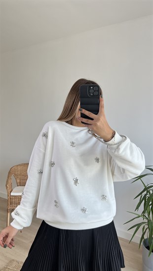 Taşlı Beyaz Sweatshirt