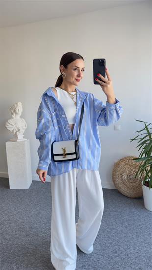 Zra Model Çizgili Mavi Gömlek
