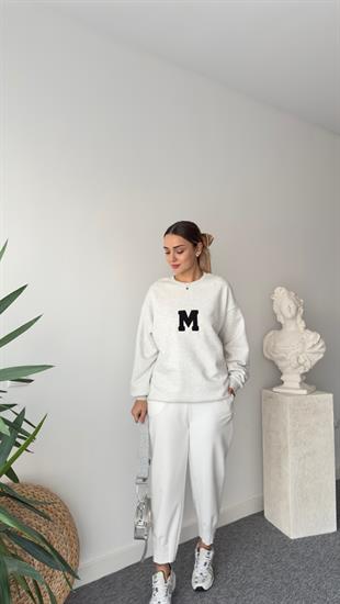 M Nakışlı Sırt Baskılı Gri Sweatshirt