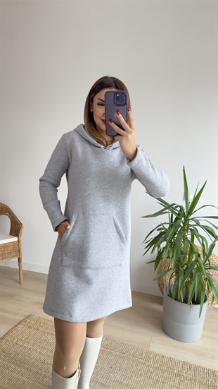 Kanguru Cep Kapüşonlu Gri Sweat Elbise