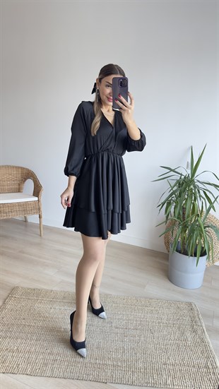 Beli Lastikli Kruvaze Siyah Elbise