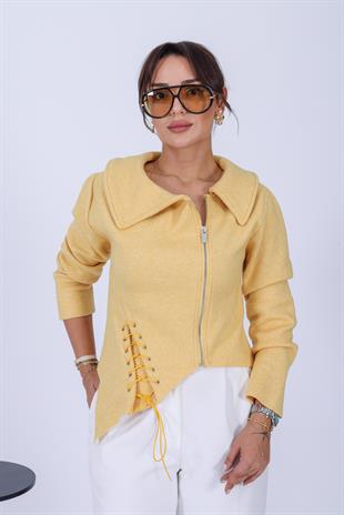 Sarı Bağcık Detaylı Triko Ceket