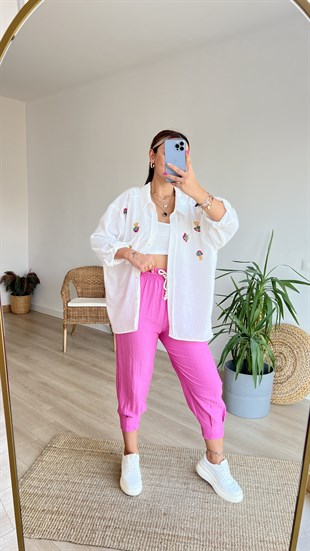 İşleme Taş Detaylı Oversize Keten Gömlek