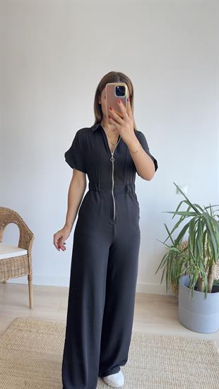 Santo Beli Lastikli Fermuar Detay Siyah Tulum