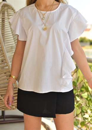 Fırfırlı Beyaz Poplin Bluz