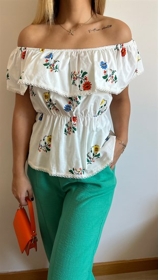 Yakası Lastikli Çiçekli Poplin Bluz