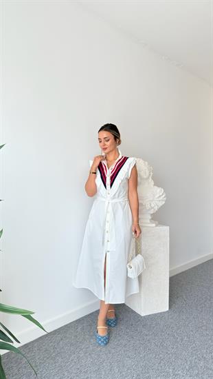 Beyaz Grove Fırfırlı Poplin Elbise 