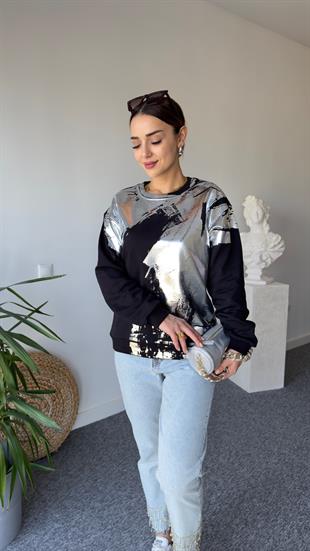 Carry Varaklı Siyah Sweatshirt