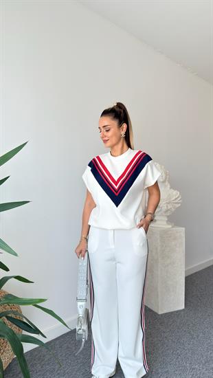 Beyaz Luga Şeritli Premium Modal Takım