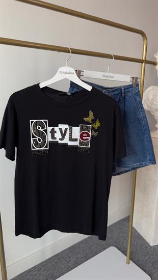 Style Taş Baskı Siyah Tshirt