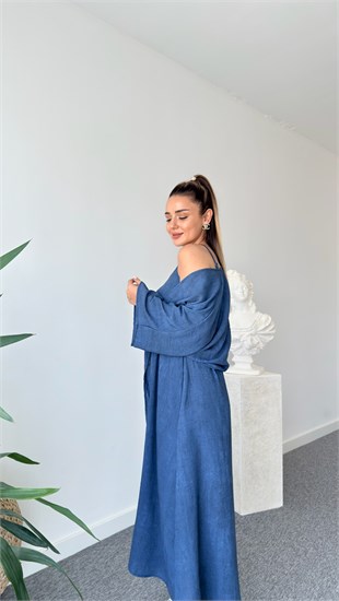 Lacivert Loter Bluz Elbise İkili Takım