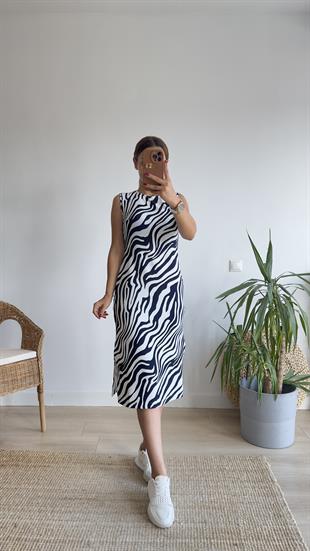 Teul Lacivert Zebra Desenli Elbise