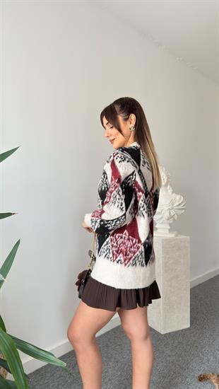 Kırmızı Paro Taş Detaylı Baklava Desen Hırka