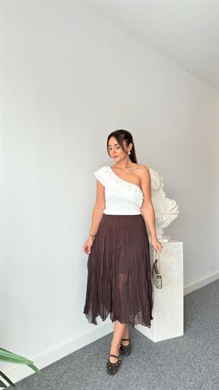 Kahve Astarlı Asimetrik Şifon Etek