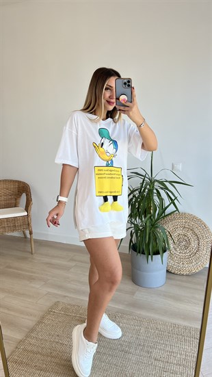 Donald Duck Baskı Aksesuar Detaylı Beyaz Tshirt
