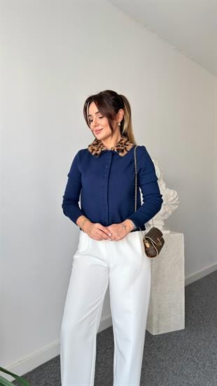 Mylau Çıkartılabilir Leopar Yaka Triko Hırka