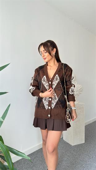 Kahve Paro Taş Detaylı Baklava Desen Hırka