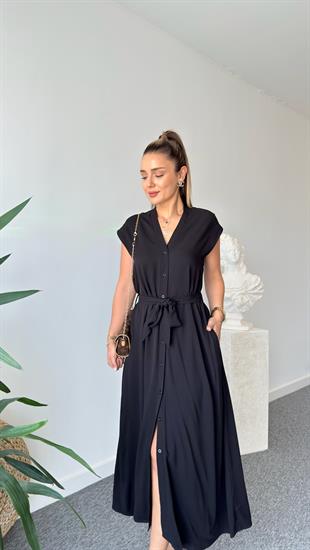 Lize Kuşaklı Basic Siyah Maxi Elbise 
