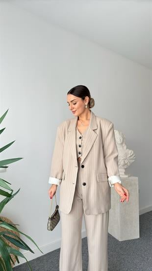 Vous Çizgili Bej Blazer Ceket