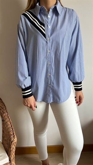 Triko Garnili Çizgili Mavi Gömlek 