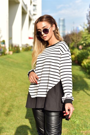 Poplin Detaylı Çizgili Sweatshirt