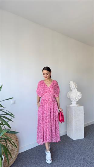 Pembe Çiçek Desen Bel Büzgü Maxi Elbise 