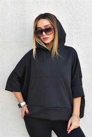 Modal Kumaş Kapüşonlu Siyah Sweat