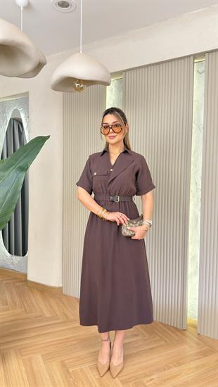 Kahve Benita Marka Muadil Kemerli Tensel Elbise 