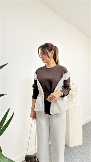 Kahve Parçalı Yanı Bağcıklı Sweatshirt