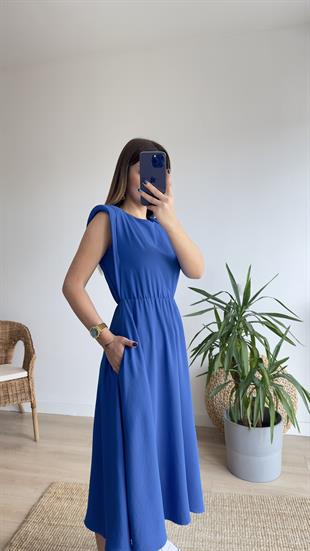 Beli Lastikli Vatkalı Mavi Basic Elbise 