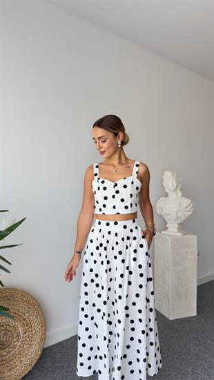 Puantiyeli Beyaz Etekli Crop Takım