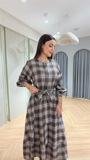 Kahve Zebal Ekose Desenli Elbise 