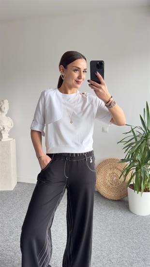 Perla Poplin Detaylı Beyaz Tshirt