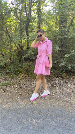 Liyo Nakış Detaylı Gömlek Yaka Pembe Elbise 