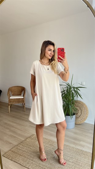 Sırtı Pile Detaylı Taş Basic Elbise