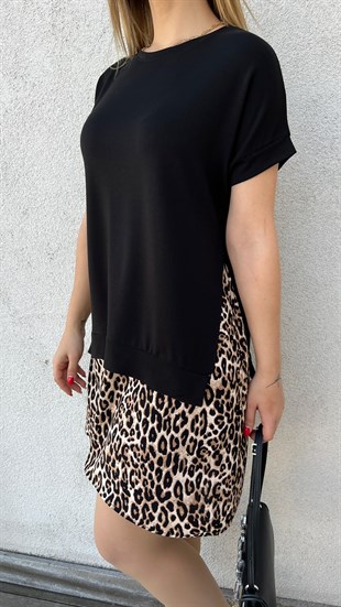 Leopar Desenli Siyah Elbise