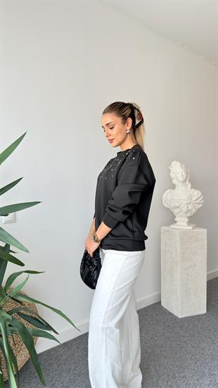 Siyah Ravev Aksesuarlı Scuba Sweat