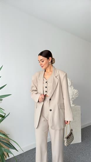 Vous Çizgili Bej Blazer Ceket