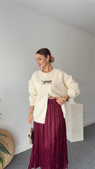 Önü Fermuarlı Kaplan Nakışlı Bej Sweatshirt