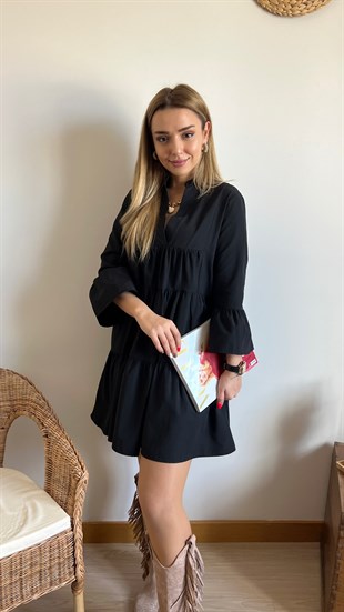 Volanlı Siyah Poplin Elbise