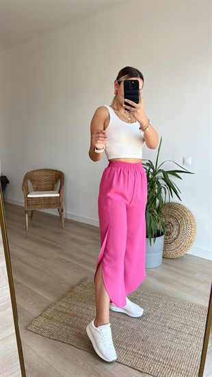 Şeker Pembe Yırtmaçlı Keten Pantolon