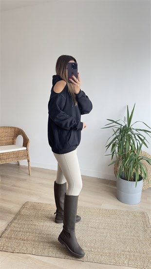 Omuz Pencere Detaylı Siyah Sweat