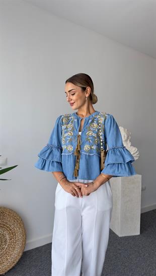 Mavi Önden Bağlamalı Ve Nakışlı Kolları Fırfır Detaylı Denim Bluz