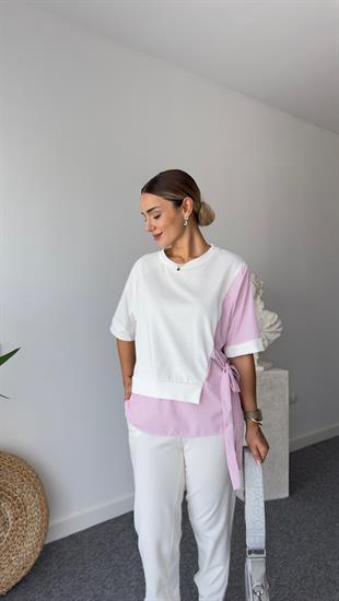 Sei Pembe Yan Bağlamalı Tshirt